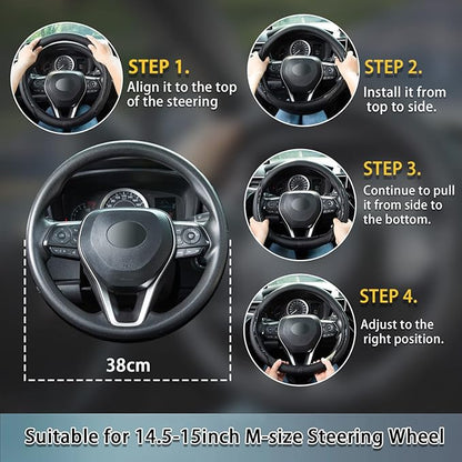 Steering Wheel Cover Black White, Carbon Fiber Car Steering Wheel Covers with Coasters Universal 14.5-15 inch Leather Microfiber Breathable Anti-Slip Steering Wheel Accessories Set