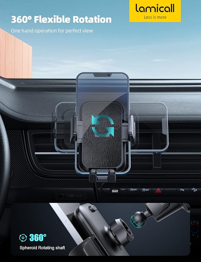 Lamicall 2025 Wider Clamp & Metal Hook Car Phone Holder Vent [Thick Cases Friendly] Phone Holders for Your Car Mount Automobile Hands Free Cradle Air Vent for Smartphone (Wood Grain)