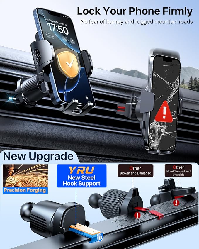 YRU [2025 Ultimate Car Phone Holder Mount [Bendable & Adjustable Aluminum Arm] Cell Phone Holder for Car Dashboard Windshield Phone Stand for iPhone 16 15 14 13 Pro Max Samsung Pickup Truck, Rose Red