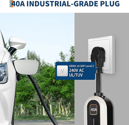 Level 2 EV Charger, 40A 240V Voltage, NEMA 14-50 Plug, 25ft Cable, Adjustable Current/Delay Timer, SAE J1772 Listed Portable Electric Car Charger for Indoor/Outdoor Use, WiFi Enabled