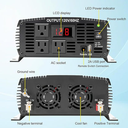 2000 Watt car Power Inverter 12V to 110V/120V Inverter for car Truck semi Truck Vehicles Camping with 1 USB Ports and 2 AC Outlet Power Converter with LCD Display 2000W Inverter