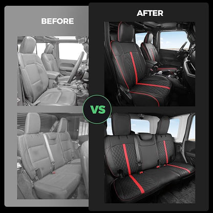 for Jeep Wrangler Seat Covers 4Door JL 2018 2019 2020 2021 2022 2023 2024 2025, Custom Car Seat Cover Full Set, Luxury Waterproof Leather Seat Protectors, Black Red Trim, W/O Rear Cup Holder