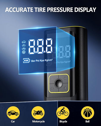 GEARGO Portable Tire Inflator Air Compressor 150PSI Cordless Air Pump for Car, Motorcycle, Bicycle Tires, Balls, 3X Faster Auto Smart Air Pump with Digital Pressure Gauge, LED Light, Black Yellow