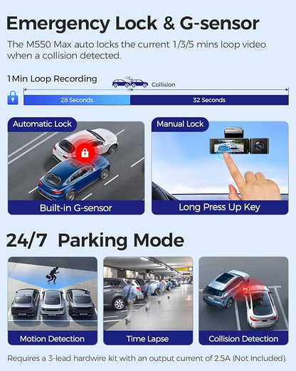AZDOME M550 Max 4K 3 Channel Dash Cam, Dual STARVIS Sensors, 4K+2.5K+1080P Front and Rear Inside Triple Car Camera, Built-in WiFi GPS, 64GB Card Included, IR Night Vision, WDR, 24H Parking Mode