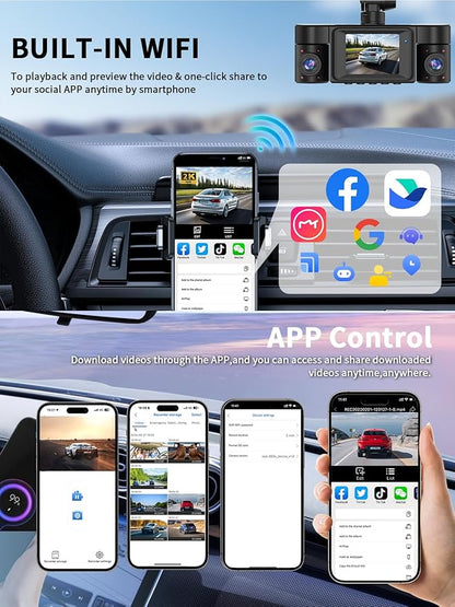 Dash Cam Front and Rear, 360 Dgree View 4 Channel Dash Camera for Cars 2K FHD, Mini Dashcam Built-in WiFi, Car Camera with 64GB Card, Voice Control, Night Vision,WDR,24/7 Parking Mode, V30-4CH