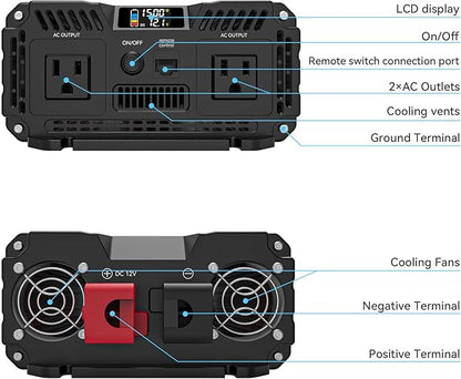 ALLWEI 1500W Pure Sine Wave Inverter 12V DC to 110V AC Converter, Surge 3000W | Power Inverters for Vehicles with 2 AC Outlets, RV Truck Boat Home Outdoor & Off-Grid Solar Inverter, Smart LCD Display