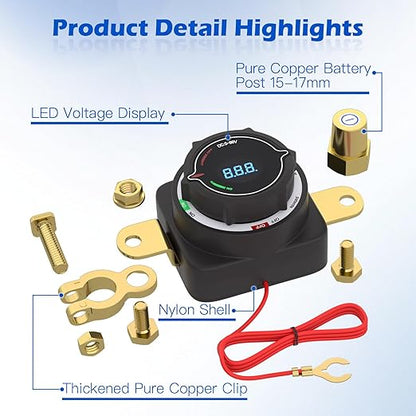 MaySpare Top Post Battery Disconnect Switch with Digital Voltage Display, DC 5-80V On Off Kill Switch, Voltmeter Power Cut Master Disconnect Isolator for Car RV Marine Boat Camper Truck Trailer