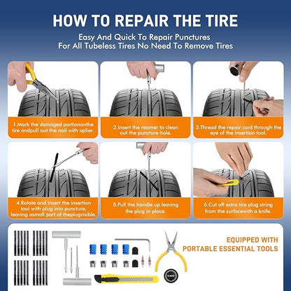 Tire Repair Kit,50PCS Tire Inflator Portable Air Compressor with 24000mwh Cordless Air Pump (150 PSI) for MPVs, Cars, E-Bikes and Motorcycles