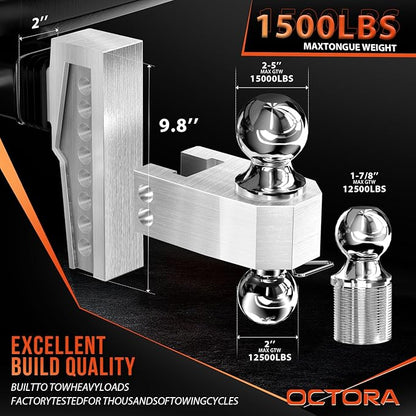 Adjustable Trailer Hitch (Fits 2-Inch Receiver) - Aluminum Tow Hitch with 6-Inch Drop/Rise for Truck (12,500 LBS GTW) - Double Anti-Theft Locking Hitch Pins (Silver, 2.0inch-6Drop-Tri Ball)
