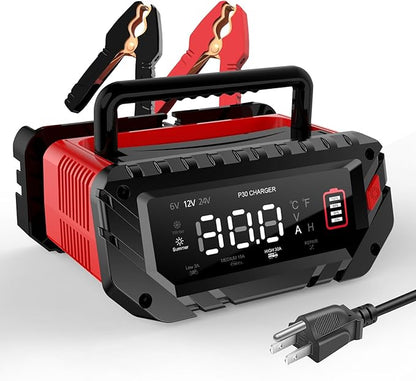 30-Amp Car Battery Charger, 6V/12V/24V Smart Automatic Automotive Charger, Battery Maintainer, Trickle Charger for Car, Motorcycle, Boat, Lead-Acid, Lithium, LiFePo4 Battery