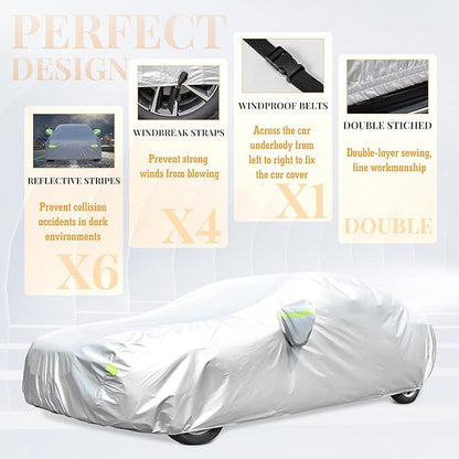 Waterproof Car Cover All Weather Snowproof UV Protection Windproof Outdoor Full car Cover, Universal Fit for Sedan (Fit Sedan Length Length 192"-208", Silver)