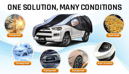 Toyota 4Runner Car Cover Waterproof All Weather with Silver Strip Design, Custom Fit for Toyota 4Runner 2003–2025, 4Runner Accessory with Door Zipper & Windproof Straps