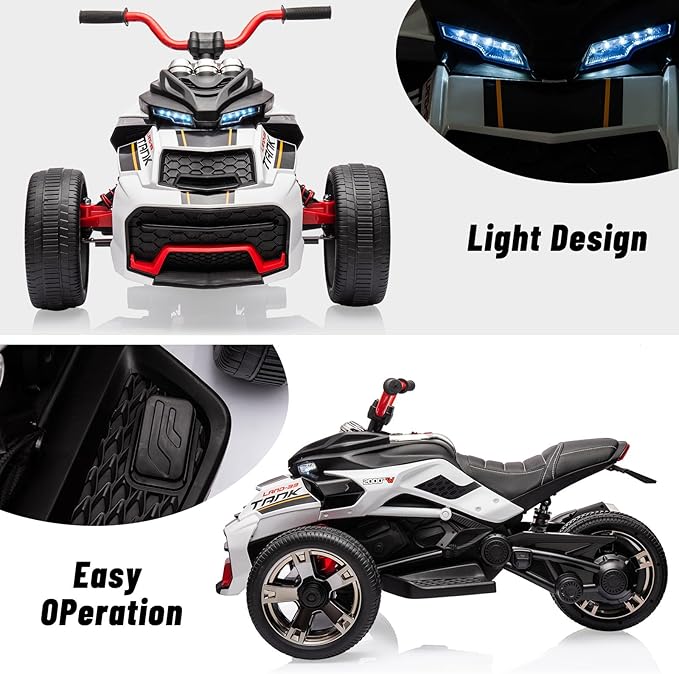 12V Kids Electric Ride-On Car with Parent Remote Control, 7MPH, 2 Speeds, 2x55W Motor, LED Lights, Music, USB & EVA Tires, 3 Wheel Battery Powered Toy Vehicle for Toddlers (White1)