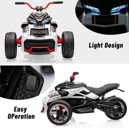 12V Kids Electric Ride-On Car with Parent Remote Control, 7MPH, 2 Speeds, 2x55W Motor, LED Lights, Music, USB & EVA Tires, 3 Wheel Battery Powered Toy Vehicle for Toddlers (White1)