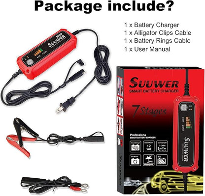 High-Efficiency 12V 5-Amp Smart Car Battery Charger, Battery Maintainer, Trickle Charger, Float Charger and Desulfator for Car, Motorcycle, ATV, Lithium (LiFePO4) and Deep Cycle Batteries