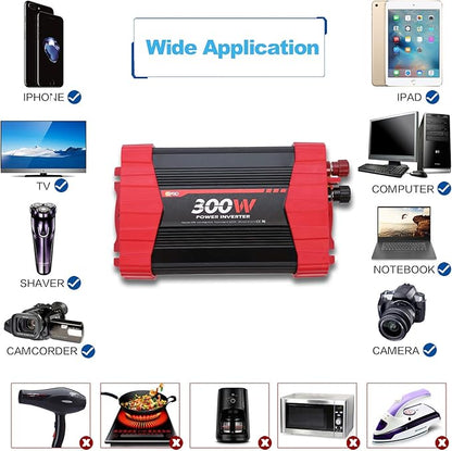 BYGD 300W Car Power Inverter, DC 12V to 110V AC Vehicle Plug Adapter Converter with 4 USB Quick Charging Ports and Dual AC Outlets Car Charger Equipped Cigarette Lighter Cable and Battery Clamps Red