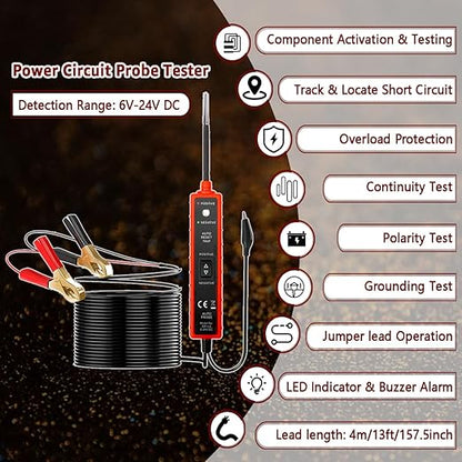 Power Circuit Probe Tester, 6V-24V DC Test Light, Automotive Short Circuit Located and Component Activated, 12V Auto Electrical Tester, Polarity Identify with LED Light, Overload Protection