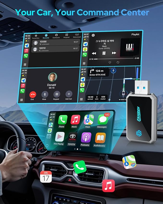 FAHREN Mini Wireless CarPlay Adapter,Bluetooth & WiFi Connection,Plug-N-Play,No Lag for Navigation,Compatible with iOS 10+ & Car 2016+,USB-A Extension Cable & Type-C Adapter.