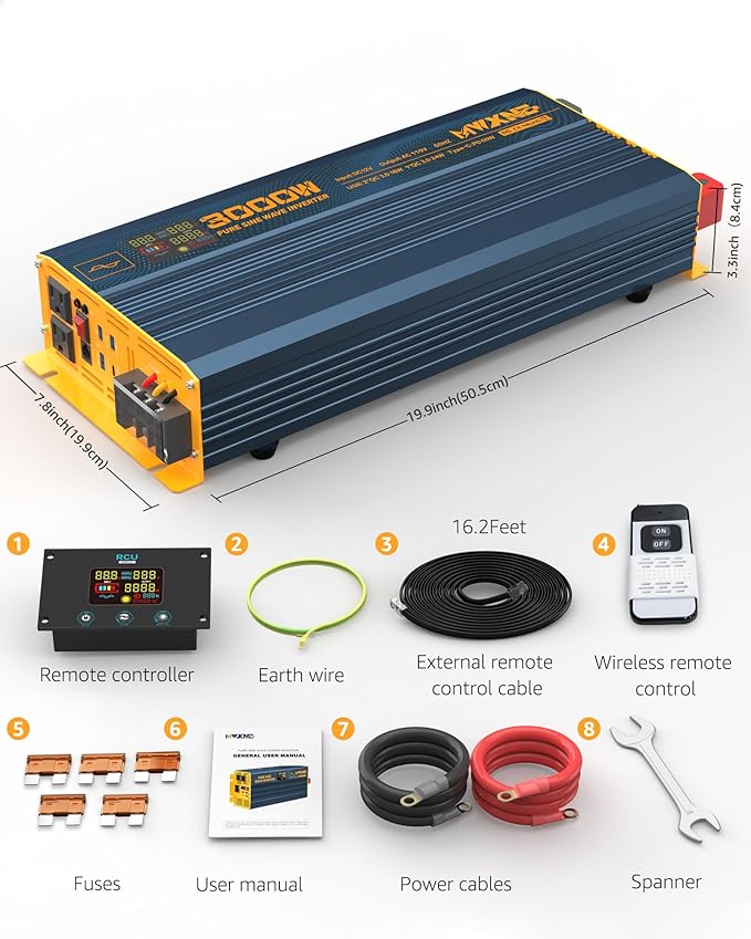 3000W Pure Sine Wave Power Inverter DC 12V to 110V 120V with Fast Charging Type-C& 3 USB Ports LCD Display Remote Controller Power Inverters for Vehicles,RV,Truck,Home,Off-Grid Solar System