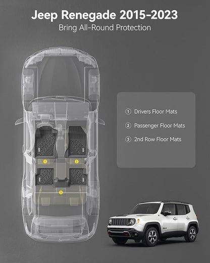 3W Floor Mats Fit for Jeep Renegade 2015-2023 TPE All Weather Custom Fit Floor Liner for Jeep Renegade 1st and 2nd Row Full Set Car Liners Black