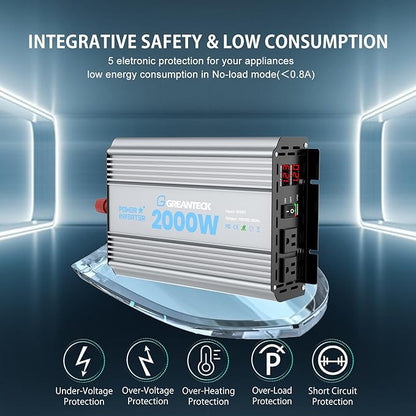 2000 Watt Power Inverter Modified Sine Wave, DC 12V to AC 110V 120V Converter with Dual Sockets, USB Port, LED Display for RV Truck Boat Solar Car Emergency Off Grid