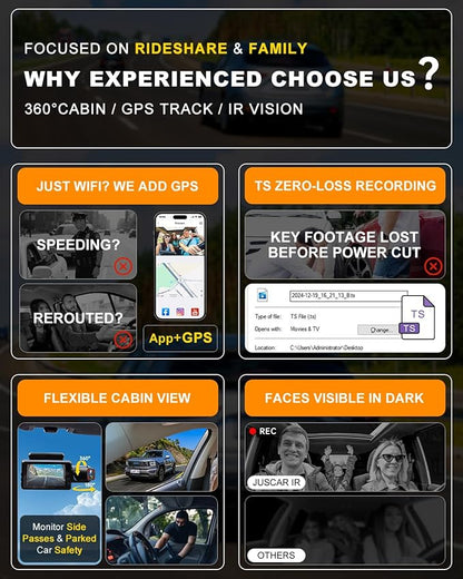 2.5K+1080P Dual Dash Cam Front and Inside, WiFi & GPS Dash Camera for Cars with 32G Card, IR Night Vision, 3" IPS Screen, Inside Car Camera for Taxi Driver, Support 256GB Max, App Control