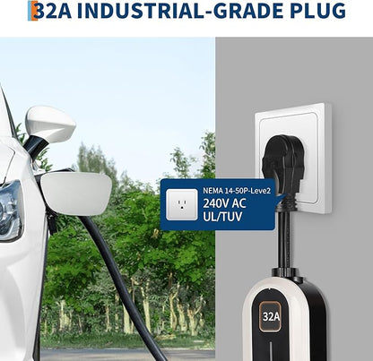 Level 2 EV Charger, 32A 240V Voltage, NEMA 14-50 Plug, 25ft Cable, Adjustable Current/Delay Timer, SAE J1772 Listed Portable Electric Car Charger for Indoor/Outdoor Use