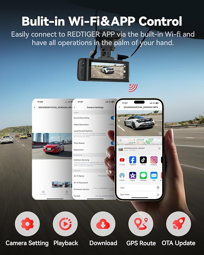 REDTIGER 4K Dash Cam Front and Rear, STARVIS 2 Sensor, 64GB Card Included, 4K/2.5K+1080P Dual Dash Camera for Cars Built-in WiFi GPS, 3.18 Inch IPS Screen, 170° Wide Angle, Parking Monitor (F7N Pro)