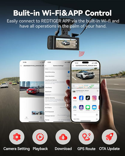 REDTIGER 4K Dash Cam Front and Rear, STARVIS 2 Sensor, 64GB Card Included, 4K/2.5K+1080P Dual Dash Camera for Cars Built-in WiFi GPS, 3.18 Inch IPS Screen, 170° Wide Angle, Parking Monitor (F7N Pro)