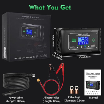 25 Amp Lithium Battery Charger, 12V and 24V Lifepo4,Lead-Acid(AGM/Gel/SLA..) Battery Charger,Battery Maintainer, Trickle Charger, and Battery Desulfator for Car,Boat,Motorcycle, Lawn Mower.