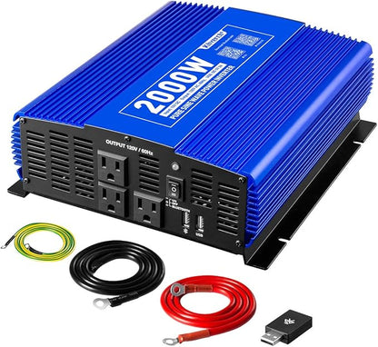 2000W Pure Sine Wave Inverter 12V DC to 110V AC Power Inverter for Home/Truck/RV/Camping/Boat/Off Grid Solar System Car Inverter with 3AC Outlets, 1 USB Port and APP Remote Control