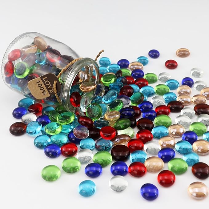 0.96LB Glass Beads Mix Colors Vase Filler Aquarium Gravel Decor Flat Glass Marbles Gems Pebbles Fish Tank Rocks Home Decorative Art Craft - 7 Colors Mixed
