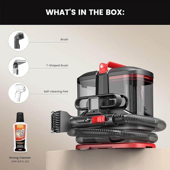 Portable Carpet & Upholstery Cleaner Machine, 15Kpa Strong Suction Spot Cleaner for Sofa, Car Seats, Pet Stains, Rugs – Deep Cleaning with Dual Brush Heads & Self-Cleaning System