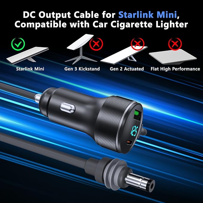 3-in-1 Starlink Mini Cable, Car Charger with Digital Display | 40W USB-C PD & 35W USB-A Ports | All-Weather Shielded Cable for RV, Truck, Boat (12V-48V) (16.4ft)