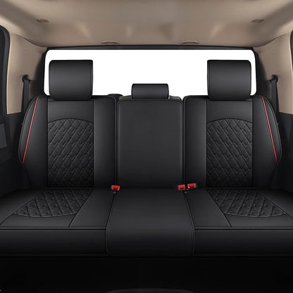 JOJOBAY Car Seat Covers for Dodge Ram Full Set,Fit Ram 2009-2025 1500/2500/3500 Pick-up Truck,Crew,Regular,Quad,Mega Cab,Waterproof Leather Seat Covers Protectors（5 PCS Full Set,Black/Red）