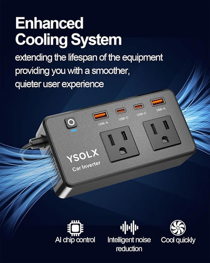 300W Car Power Inverter - YSOLX Dual DC 12V to 110V AC Car Outlet Adapter to Wall Plug, 24W Fast Charging USB-C&USB-A, Portable Charger Converter with for Laptops, Phones