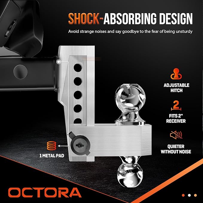 Adjustable Trailer Hitch (Fits 2-Inch Receiver) - Aluminum Tow Hitch with 6-Inch Drop/Rise for Truck (12,500 LBS GTW) - Double Anti-Theft Locking Hitch Pins (Silver, 2inch-6Drop)