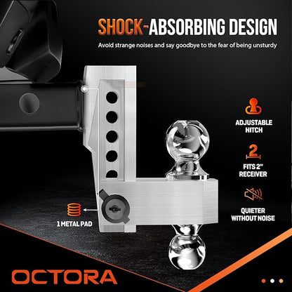 Adjustable Trailer Hitch (Fits 2-Inch Receiver) - Aluminum Tow Hitch with 6-Inch Drop/Rise for Truck (12,500 LBS GTW) - Double Anti-Theft Locking Hitch Pins (Silver, 2inch-6Drop)
