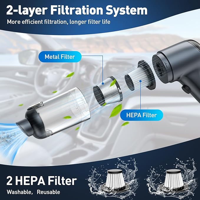 Mini Vacuum Cleaner, 120W High Power Handheld Car Vacuum Cleaner, 2 in 1 Air Duster and Hand Held Vacuum Portable Cordless, Rechargeable Small Vacuum for Car, Home, Office, Pet（Black）