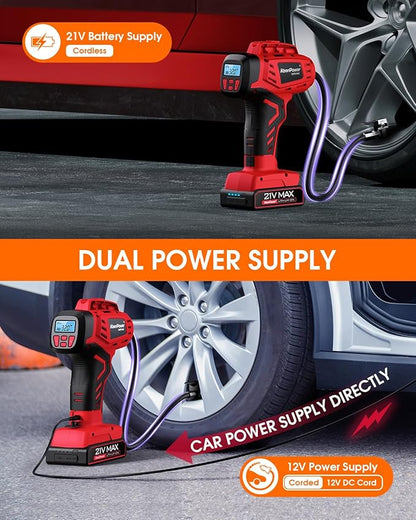 Digital Cordless Tire Inflator Portable Air Compressor Automatic 160PSI w/Gauge Screen & 4+N Smart Mode & Dual Power Supply, Rechargeable 21V Battery Powered Handheld Air Pump, Car Tire Pump