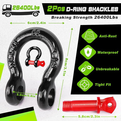 MAIKEHIGH Tow Strap Heavy Duty with Hooks, 2"×16ft (22,000Lbs) Recovery Strap with D-Ring Shackles (2pcs) + Protective Gloves (2pcs), Tow Rope for Car Truck SUV ATV (Green)