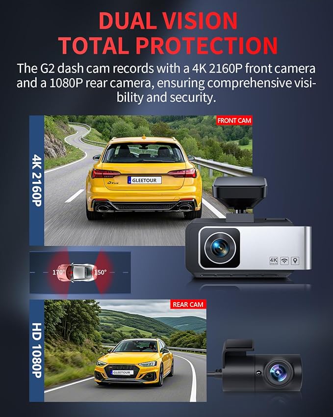 Dash Cam Front and Rear, 4K Full HD Dual Dash Camera for Cars, Built-in Memory Card Monitoring, 64GB Card, 5G WiFi GPS, Car Camera with 3" IPS Screen, 2160P Night Vision, Parking Monitor