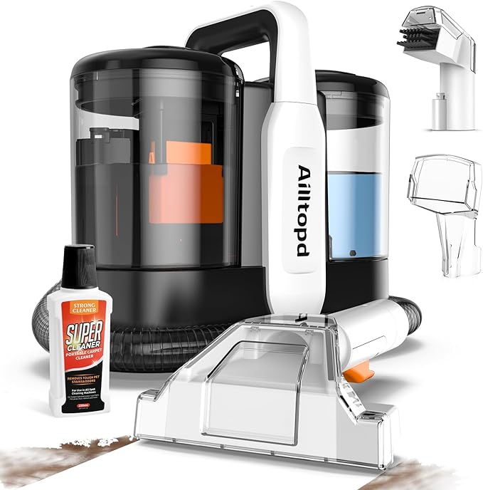 Upholstery Cleaner Machine, Powerful Suction & Portable Spot Remover, Deep Stain Cleaning for Carpet, Pets, Stairs, Car Seat, Couch, with Dual Size BrushHead and Cleaning Solutions