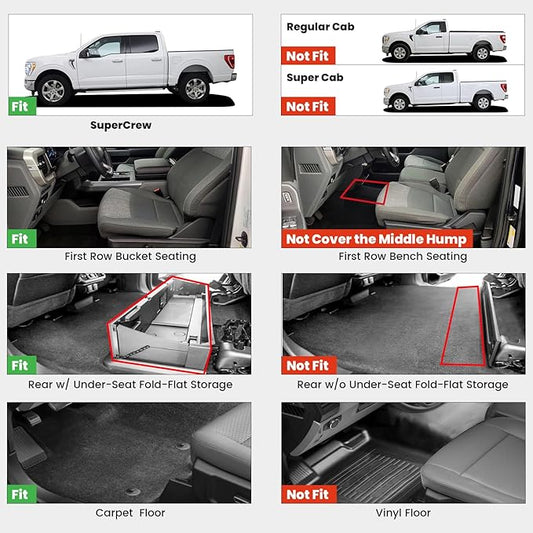 LASFIT Floor Mats for Ford F-150 2015-2025 | F150 Lightning 2022-2025 SuperCrew (Rear w/Fold Flat Storage) Carpet Floor All Weather Car Liners TPE Truck Mats - 1st and 2nd Row, 3pcs Black