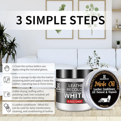 8.5oz Leather Recoloring Balm with 100ml Mink Oil,White Leather Repair kit for Furniture and Car Interior,Leather Couch Scratch Repair,Leather Dye Paint,Mink Oil for Leather