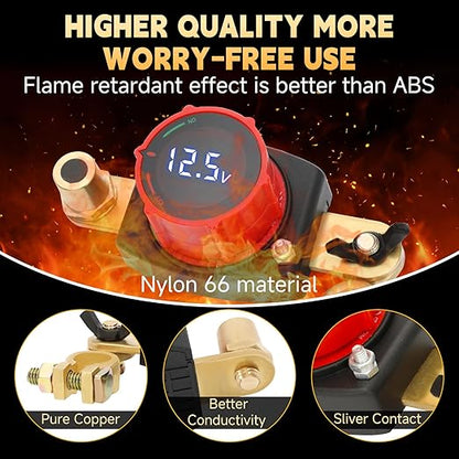 Top Post Battery Disconnect Switch with Voltmeter, DC 5-60V Battery Kill Switch Master Isolator On Off Kill Switch Power Cut/Shut Off Switch for Boat Car RV Truck Camper Trailer