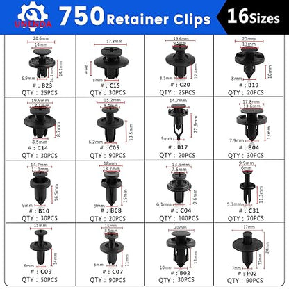 Car Push Retainer Clips 750pcs with 16 Popular Push Pins for Auto Parts - Sizes - Blue Fastener Remover Tool for Toyota, GM, Ford, Honda, Acura, Chrysler