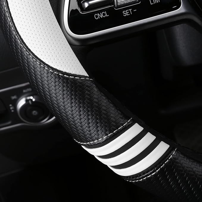 Car Steering Wheel Covers for Women Girl Padded Carbon Fiber PU Leather Cute Cartoon Auto Interior Accessories for Jeep, Truck, Universal, Anti Slip, White, Large Size 15.5-16"(39-41cm)