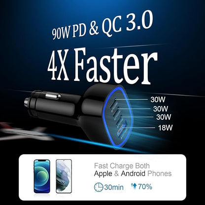 90W 4-Port Super Fast USB C Car Charger for Samsung Galaxy A17/A16/A56/A36/A15/A55/S25/S24/Ultra iPhone 16e/16 Pro Max Pixel 9a 9 Pro Android USB-C & USB-A Car Phone Charger Cigarette Lighter Adapter