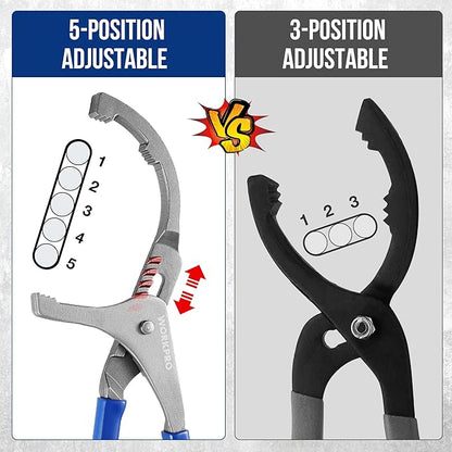 WORKPRO Oil Filter Wrench, 12" Oil Filter Removal Pliers Tools, 5-Position Adjustable Design Fits 2-1/2" to 3-3/4" in Diameter, Ideal for Engine Filters, Cars, and Trucks